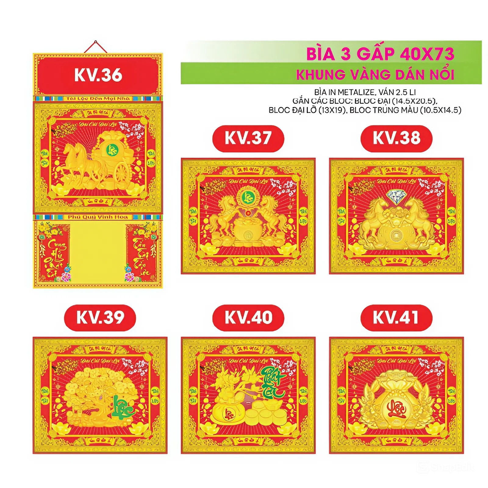 17 Mẫu Bìa Lịch 3 Gấp 2026 Khung Vàng Dán Nổi (40x73 cm) - TVKV36 - TVKV52