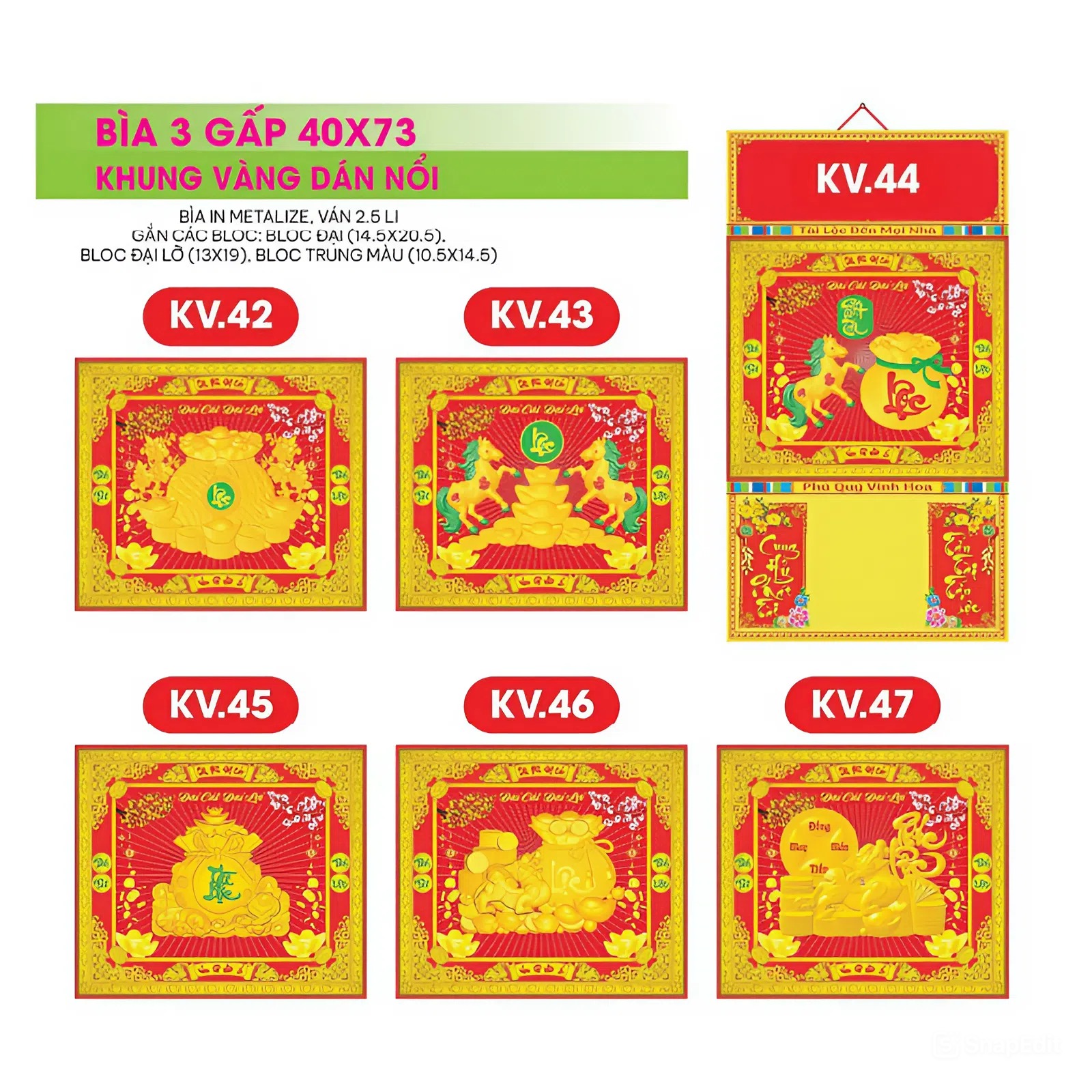 17 Mẫu Bìa Lịch 3 Gấp 2027 Khung Vàng Dán Nổi (40x73 cm) - TVKV36 - TVKV52