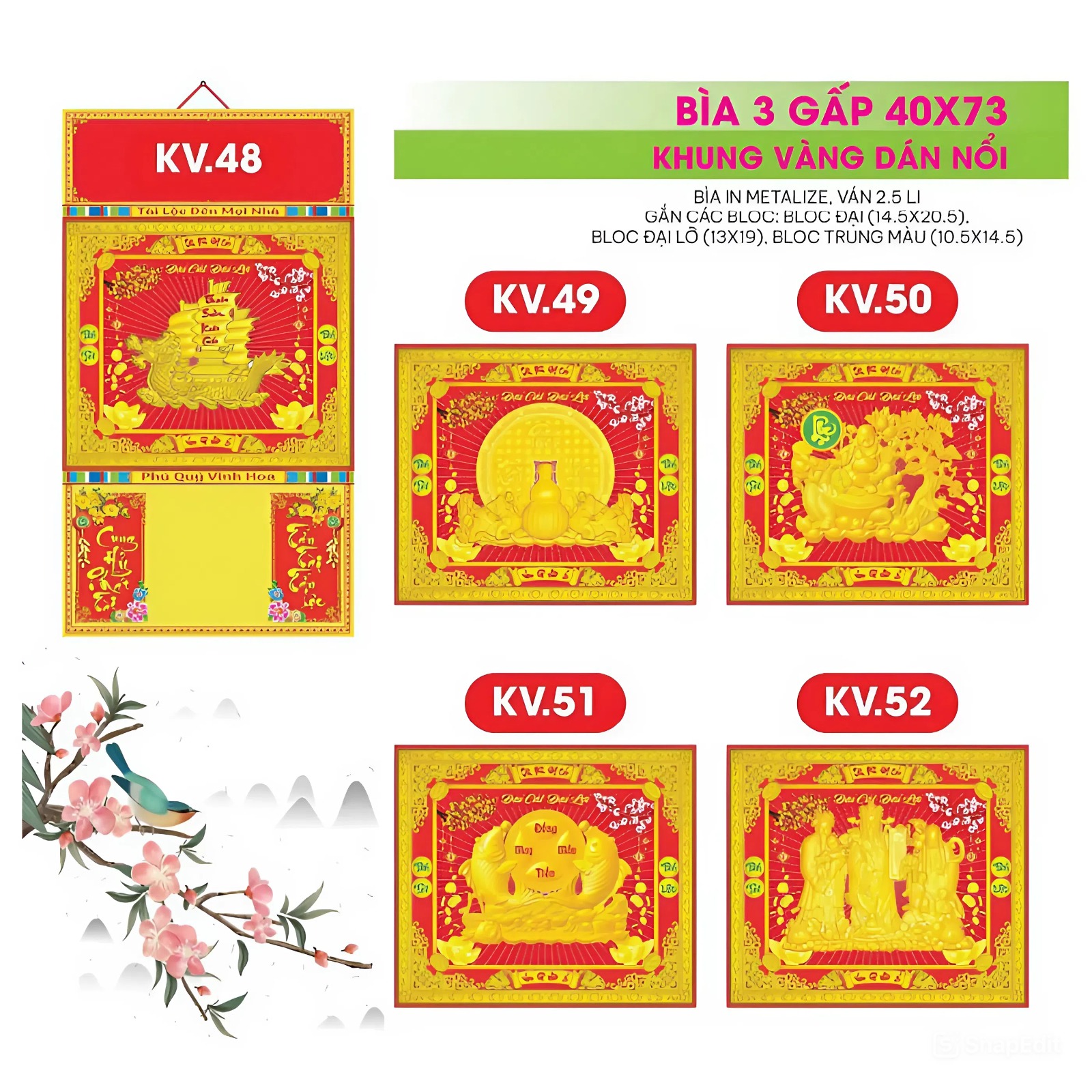 17 Mẫu Bìa Lịch 3 Gấp 2026 Khung Vàng Dán Nổi (40x73 cm) - TVKV36 - TVKV52