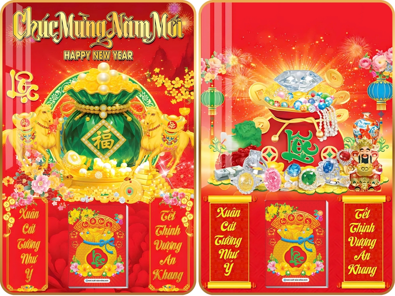 7 Mẫu Túi Tài Lộc - Lịch Treo Tường Laminate Tráng Gương 2026 (40x60 cm)