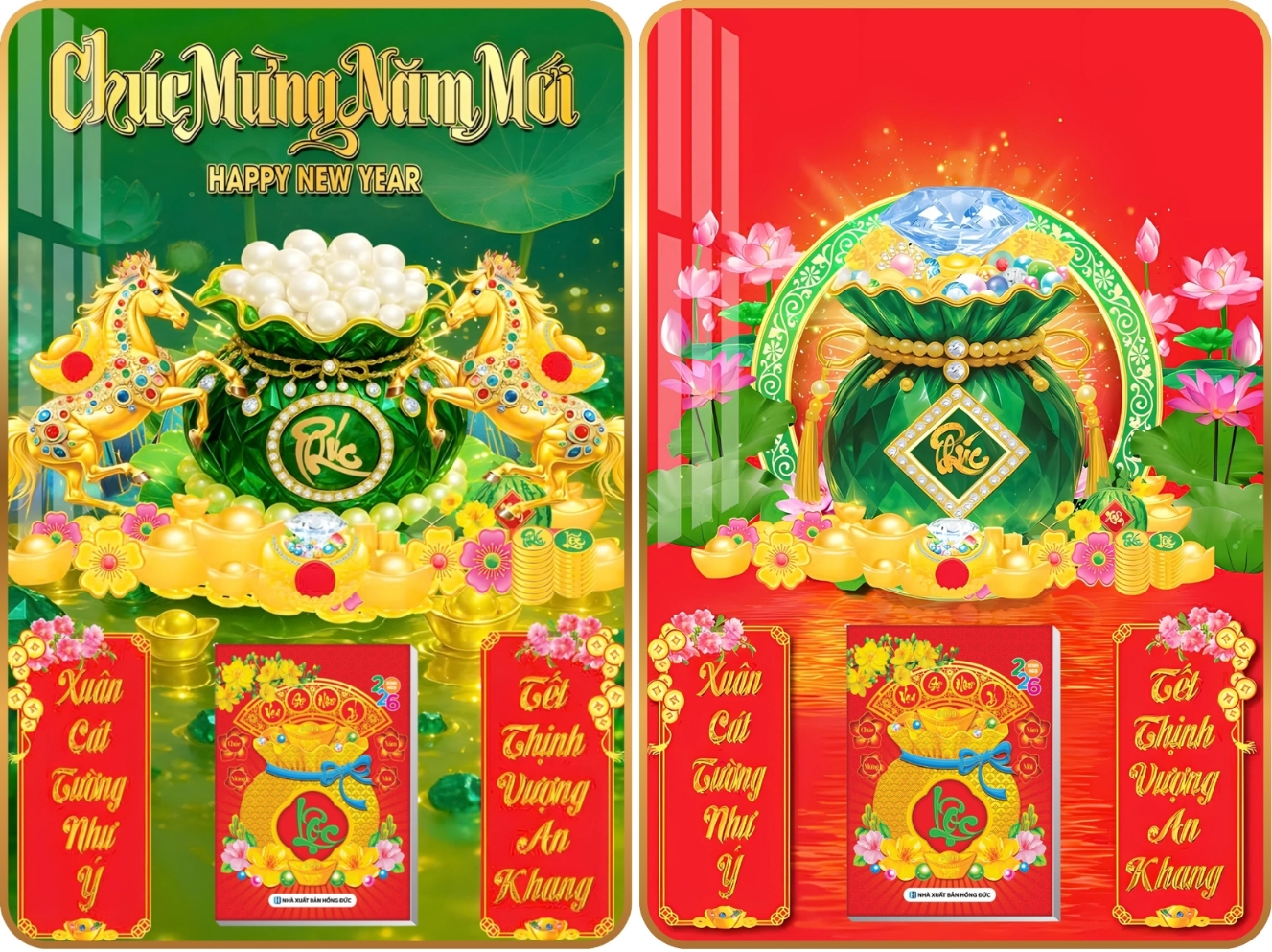 7 Mẫu Túi Tài Lộc - Lịch Treo Tường Laminate Tráng Gương 2026 (40x60 cm)