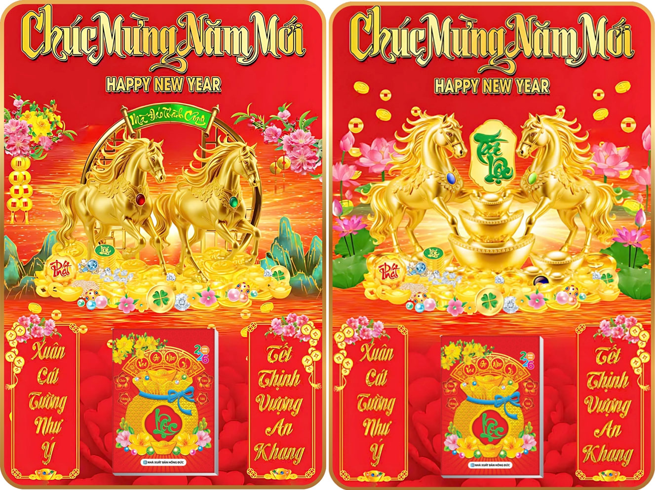 7 Mẫu Ngựa Vàng - Lịch Treo Tường Laminate Tráng Gương 2026 (40x60 cm)