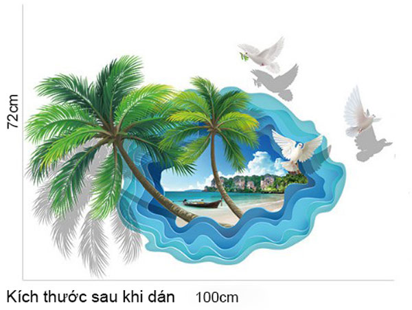 Decal Trang Trí 3D Cảnh Cây Dừa Trên Biển