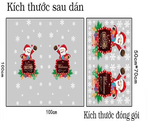 Decal 2 Mặt Trang Trí Noel Bảng Ông Già Noel Merry Christmas Và Bông Tuyết