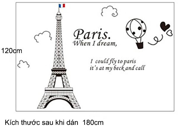 Decal Trang Trí Tháp Paris Và Khinh Khí Cầu Tháp Eiffel - decal trang trí tường \