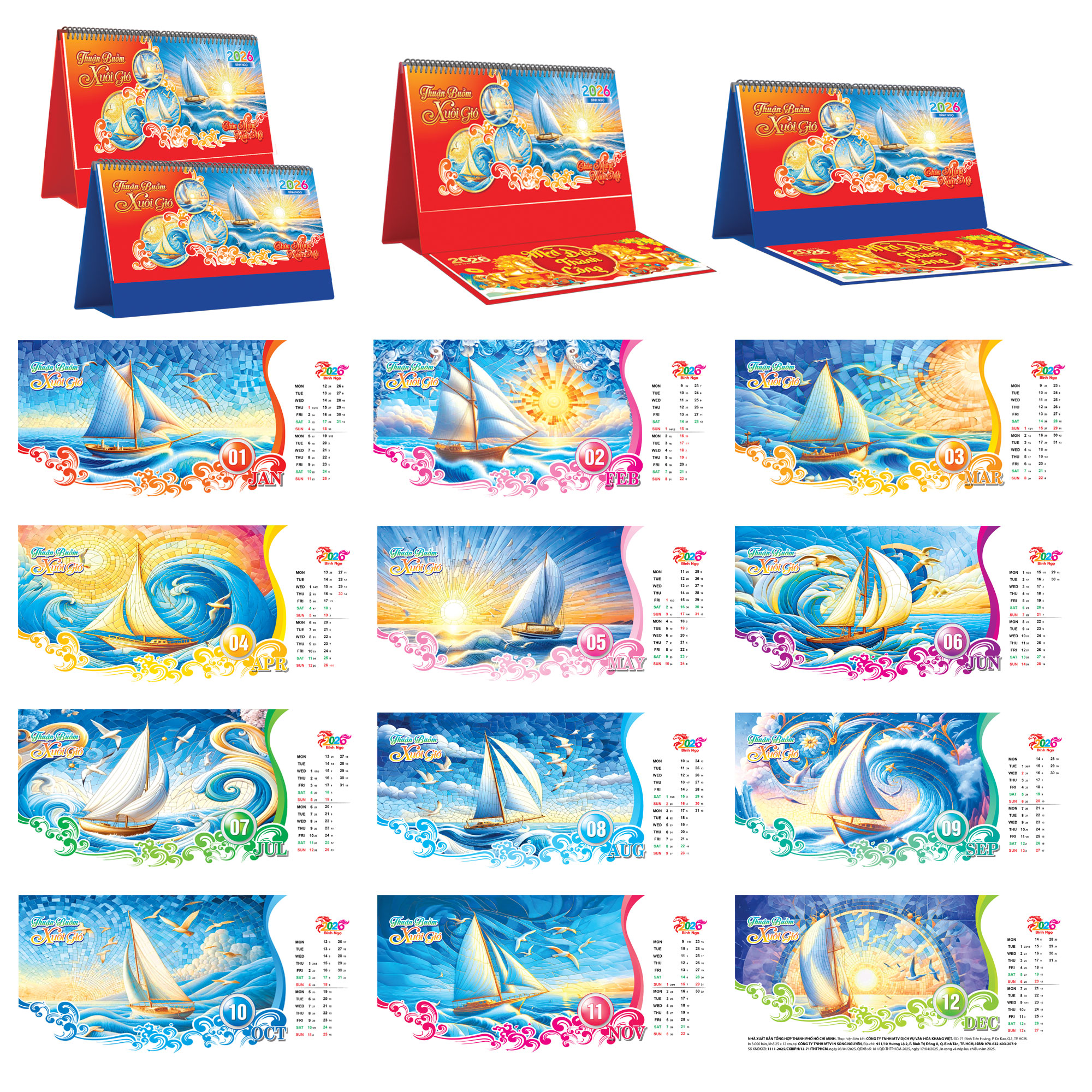 Lịch Để Bàn Ngang 2026 (25 x 12 cm) - Thuận Buồm Xuôi Gió - TVKV23A (Chọn Đế Xanh Hoặc Đỏ)