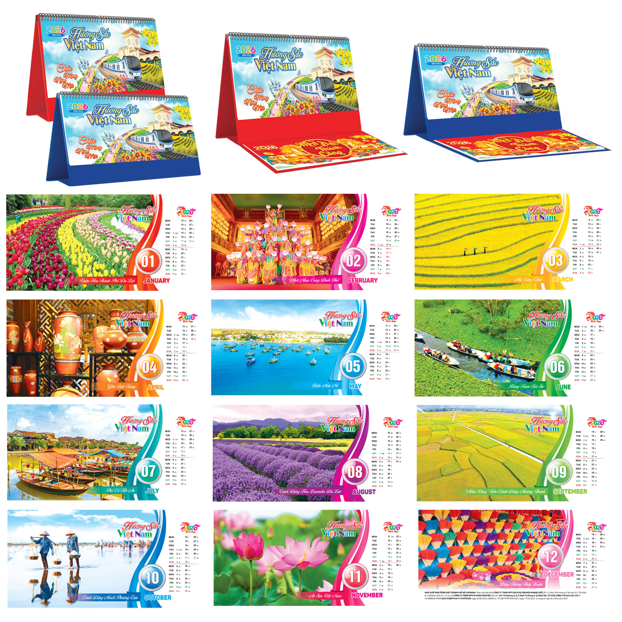 Lịch Để Bàn Ngang 2026 (25 x 12 cm) - Hương Sắc Việt Nam - TVKV17A (Chọn Đế Xanh Hoặc Đỏ)