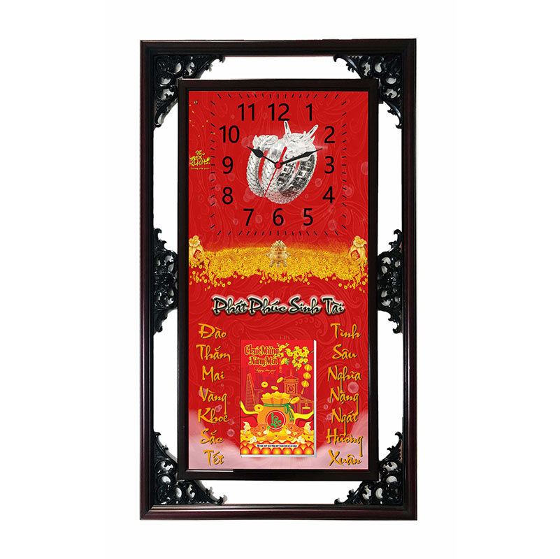 Lịch Gỗ Phù Điêu Đồng Hồ Cao Cấp Khung Đôi 2024 (52x82 cm) Dành Cho Tiệm Vàng - Phát Phúc Sinh Tài (TVDH01)