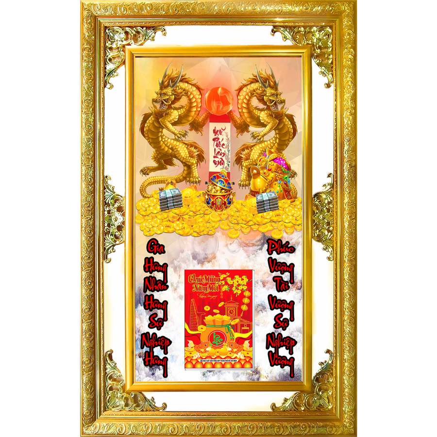 Lịch Gỗ Phù Điêu Treo Tường Cao Cấp Khung Đôi Vàng 2024 (52x82 cm) - Đôi Rồng Vàng (TV03)