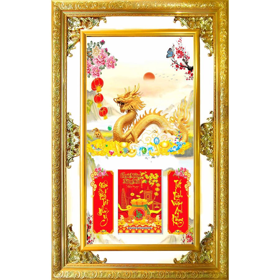 Lịch Gỗ Phù Điêu Treo Tường Cao Cấp Khung Đôi Vàng 2024 (52x82 cm) - Rồng Vàng (TV09)