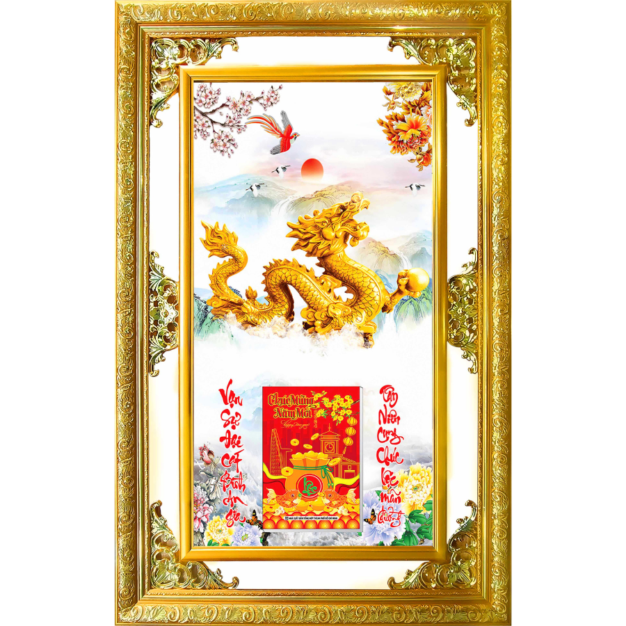 Lịch Gỗ Phù Điêu Treo Tường Cao Cấp Khung Đôi Vàng 2024 (52x82 cm) - Rồng Vàng (TV08)