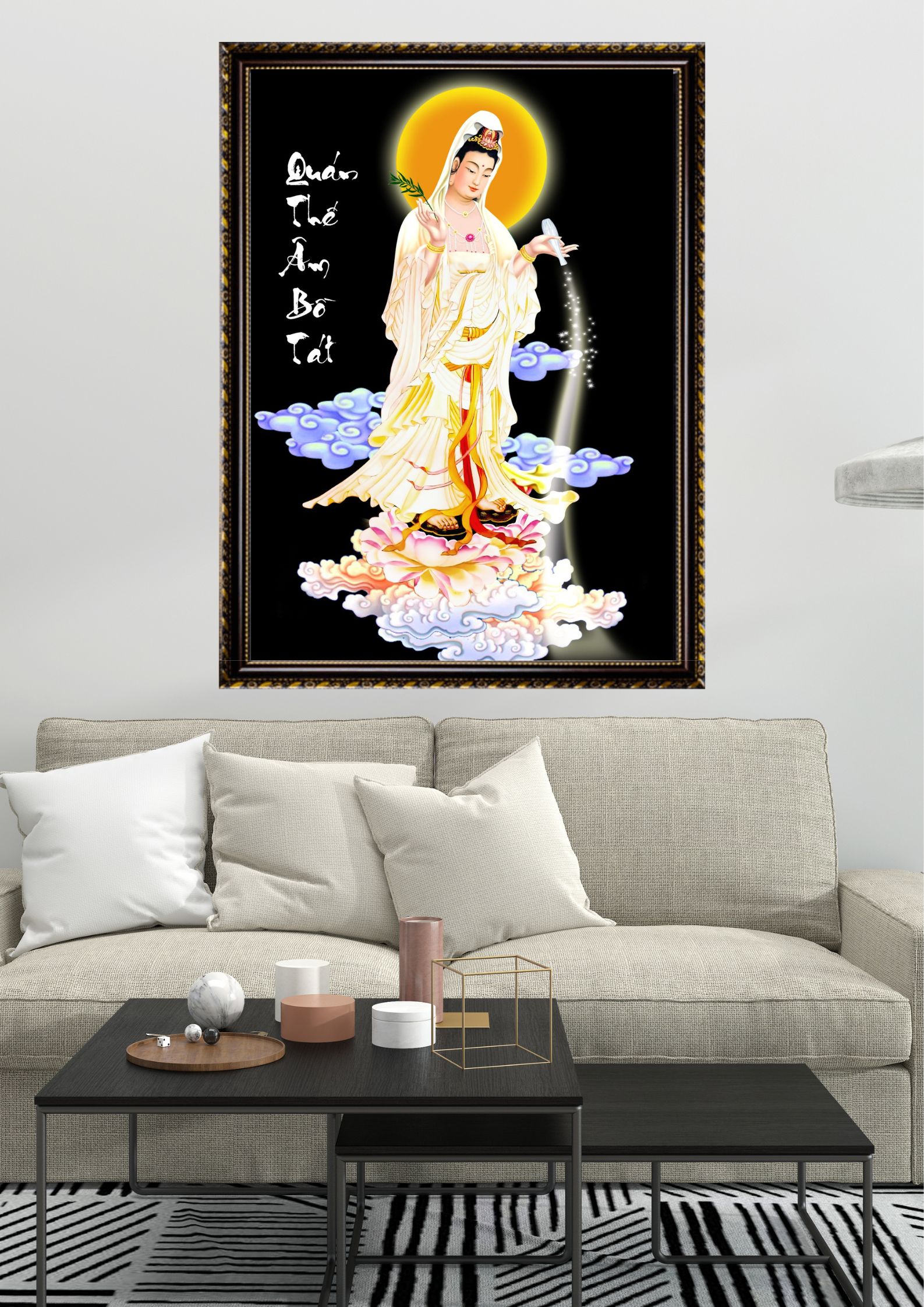 Tranh Canvas Phật Giáo Quan Thế Âm Bồ Tát Đóng Khung Cao Cấp