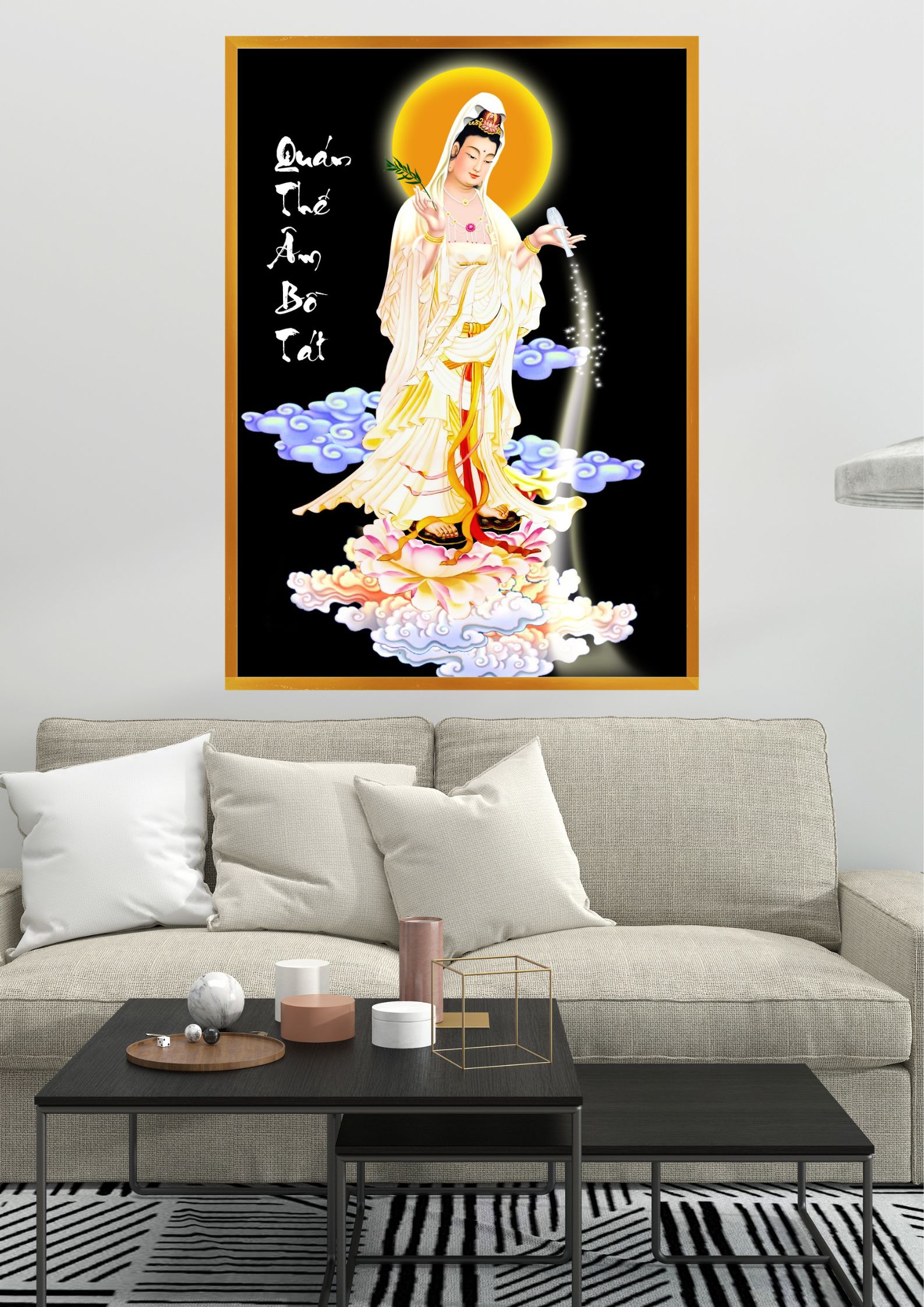 Tranh Canvas Phật Giáo Quan Thế Âm Bồ Tát Đóng Khung Cao Cấp