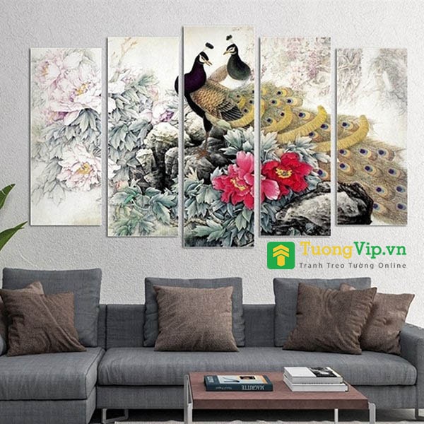 tranh treo tường chim công và hoa mấu đơn