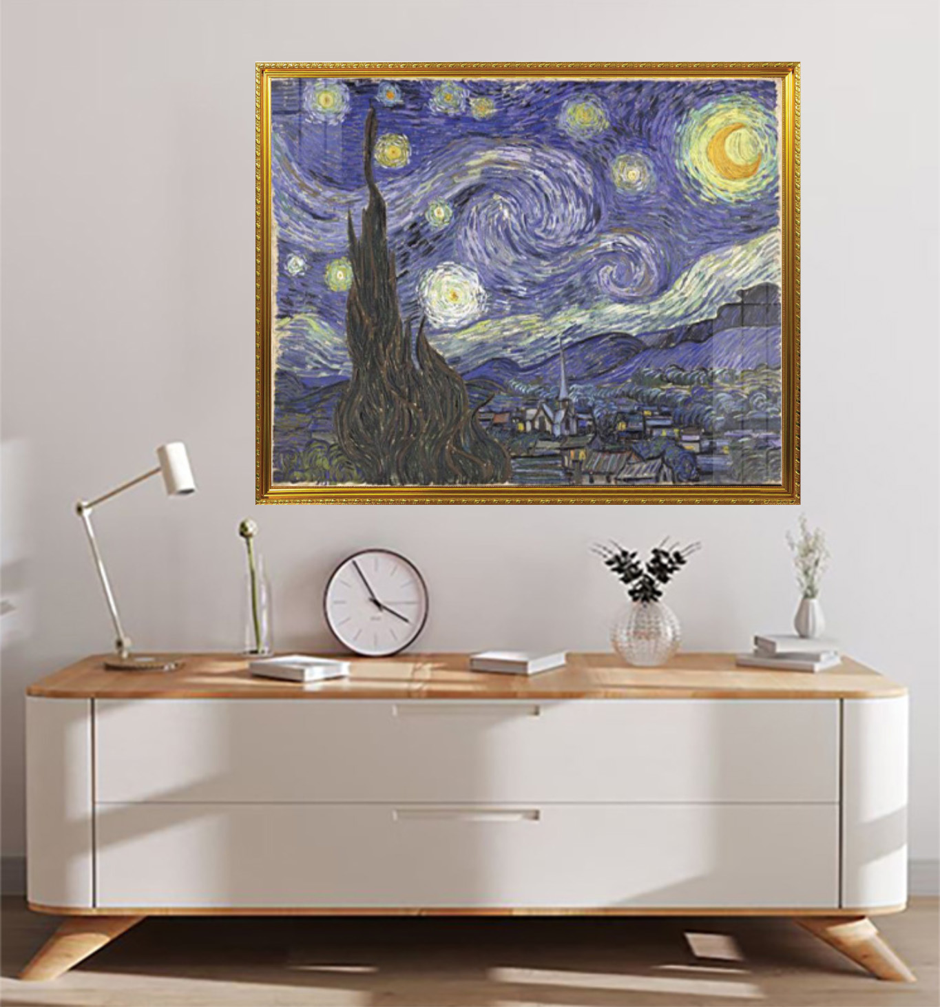 Tranh Gỗ Phù Điêu Treo Tường Đóng Khung Cao Cấp - Đêm Đầy Sao - The Starry Night (Tháng 6, 1889) By Vincent Van Gogh