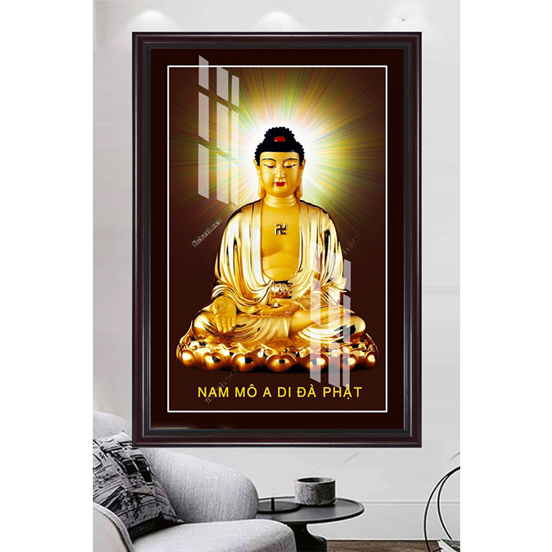 Tranh Gỗ Phù Điêu Treo Tường Đóng Khung Cao Cấp - Đức Phật A Di Đà 01