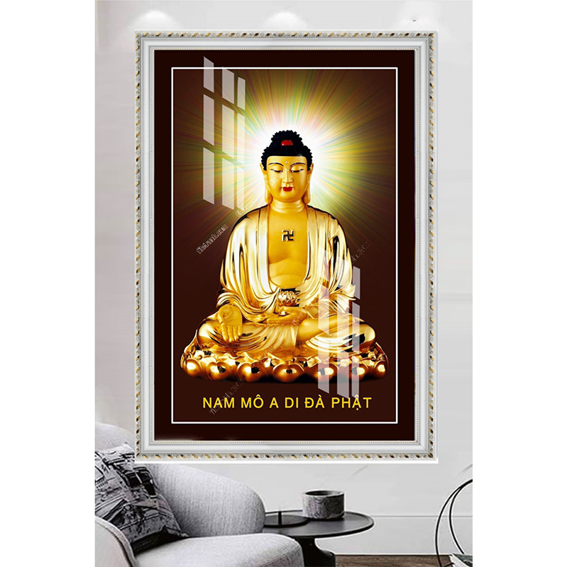 Tranh Gỗ Phù Điêu Treo Tường Đóng Khung Cao Cấp - Đức Phật A Di Đà 01