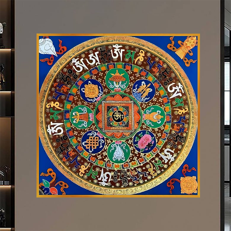 Tranh Gỗ Phù Điêu Treo Tường Đóng Khung Cao Cấp - Om Mani Padme Hum Mandala - Lục Tự Đại Minh Chú 01