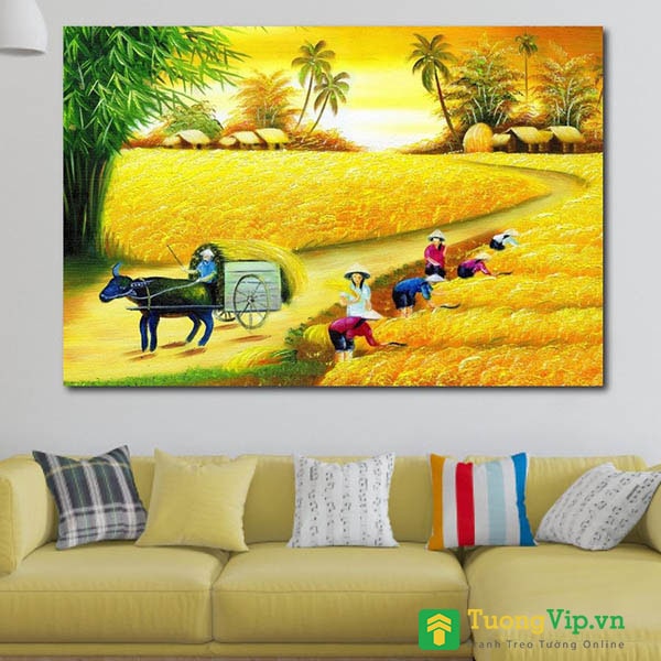 tranh phong cảnh làng quê với đồng lúa vàng chín