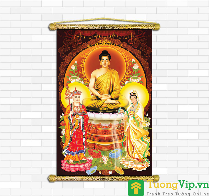 Tranh Liễn Phật Giáo - Ta Bà Tam Thánh - Vải Canvas Cao Cấp