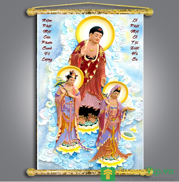 Tranh Liễn Phật Giáo - Tây Phương Tam Thánh Tiếp Dẫn - Vải Canvas Cao Cấp