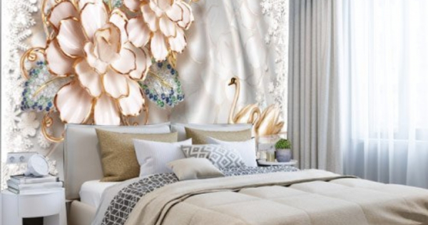 Tranh Dán Tường 3D Hoa Ngọc Và Thiên Nga