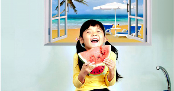 Decal Trang Trí Khung Cửa Sổ 3D Ghế Đôi Ở Bãi Biển