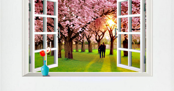 Decal Trang Trí Cửa Sổ 3D Hoa Đào Và Đôi Tình Nhân