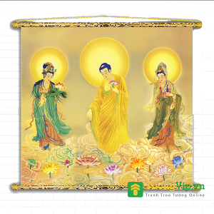 Tranh Liễn Phật Giáo - Tây Phương Tam Thánh Tiếp Dẫn 01 - Vải Canvas Cao Cấp