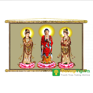 Tranh Liễn Phật Giáo - Tây Phương Tam Thánh Tiếp Dẫn 03 - Vải Canvas Cao Cấp