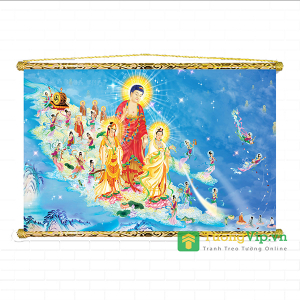 Tranh Liễn Phật Giáo - Tây Phương Tiếp Dẫn - Vải Canvas Cao Cấp