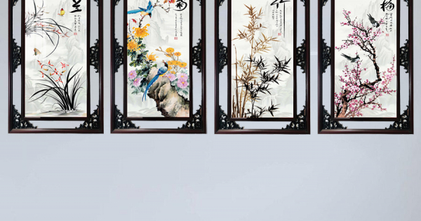 Tranh Gỗ Phù Điêu Treo Tường Cao Cấp Khung Đôi - Tứ Quý Tùng Cúc Trúc Mai 01