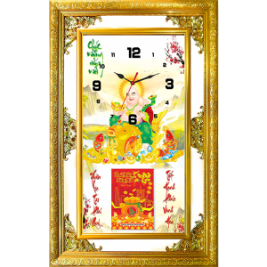 Lịch Gỗ Phù Điêu Đồng Hồ Cao Cấp Khung Đôi Vàng 2024 (56x88 cm) - Phật Di Lặc (TVDH16)