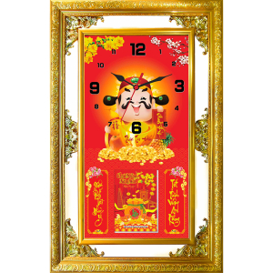 Lịch Gỗ Phù Điêu Đồng Hồ Cao Cấp Khung Đôi Vàng 2024 (56x88 cm) - Thần Tài Đến (TVDH15)