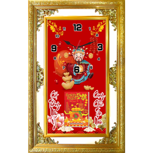 Lịch Gỗ Phù Điêu Đồng Hồ Cao Cấp Khung Đôi Vàng 2024 (56x88 cm) - Ông Thần Tài (TVDH03)