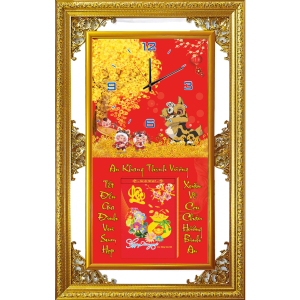 Lịch Gỗ Tết 2025 Phù Điêu Đồng Hồ Khung Đôi Vàng (56x88 cm) - Cây Kim Tiền - TVDH02