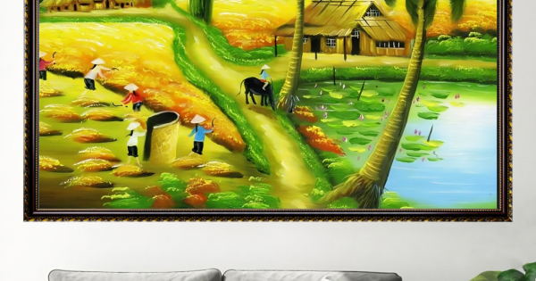 Tranh Gỗ Phù Điêu Treo Tường Đóng Khung Cao Cấp - Phong Cảnh Làng Quê 03