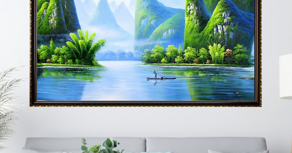 Tranh Gỗ Phù Điêu Treo Tường Đóng Khung Cao Cấp - Núi Non Hùng Vĩ