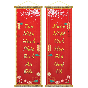 Tranh Liễn (30x90CM) Câu Đối Trang Trí - "Tân Niên Hạnh Phúc Bình An Đến, Xuân Nhật Vinh Hoa Phú Quý Về"