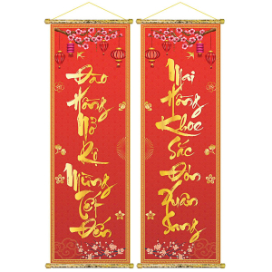 Tranh Liễn (30x90CM) Câu Đối Trang Trí - "Đào Hồng Nở Rộ Mừng Tết Đến, Mai Hồng Khoe Sắc Đón Xuân Sang"