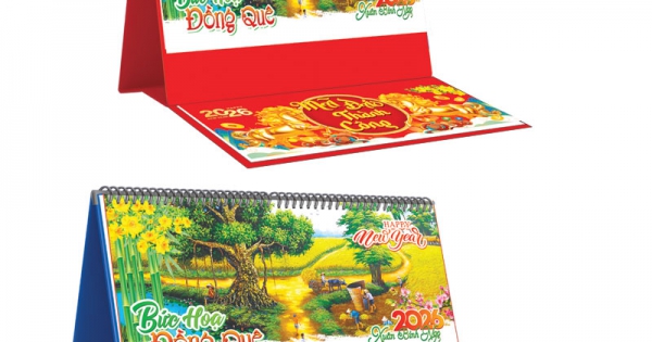 Lịch Để Bàn Ngang 2026 Có Note (25 x 12 cm) - Bức Hoạ Đồng Quê - TVKV15B (Chọn Đế Xanh Hoặc Đỏ)