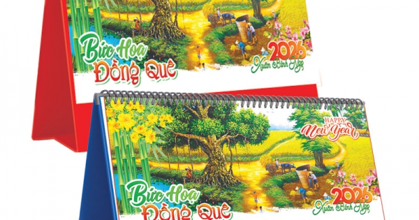 Lịch Để Bàn Ngang 2026 (25 x 12 cm) - Bức Hoạ Đồng Quê - TVKV15A (Chọn Đế Xanh Hoặc Đỏ)