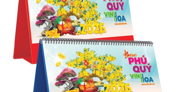 Lịch Để Bàn Ngang 2026 (25 x 12 cm) - Bonsai Phú Quý Vinh Hoa - TVKV14A (Chọn Đế Xanh Hoặc Đỏ)