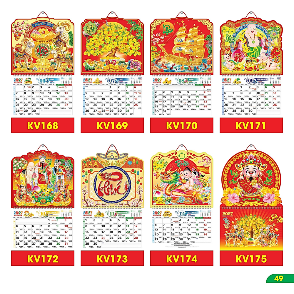 B&igrave;a Lịch L&ograve; Xo Giữa 2027 - Bộ Số Bế Nổi 37x70cm (Gắn Bloc) - Mẫu TVKV168-175