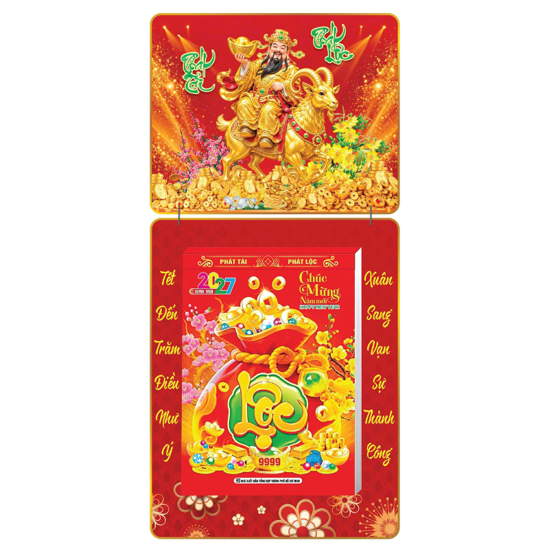 Lịch Bloc 2027 (25x35 cm) Thần T&agrave;i Cưỡi D&ecirc; Trọn Bộ Đầu Treo Laminate